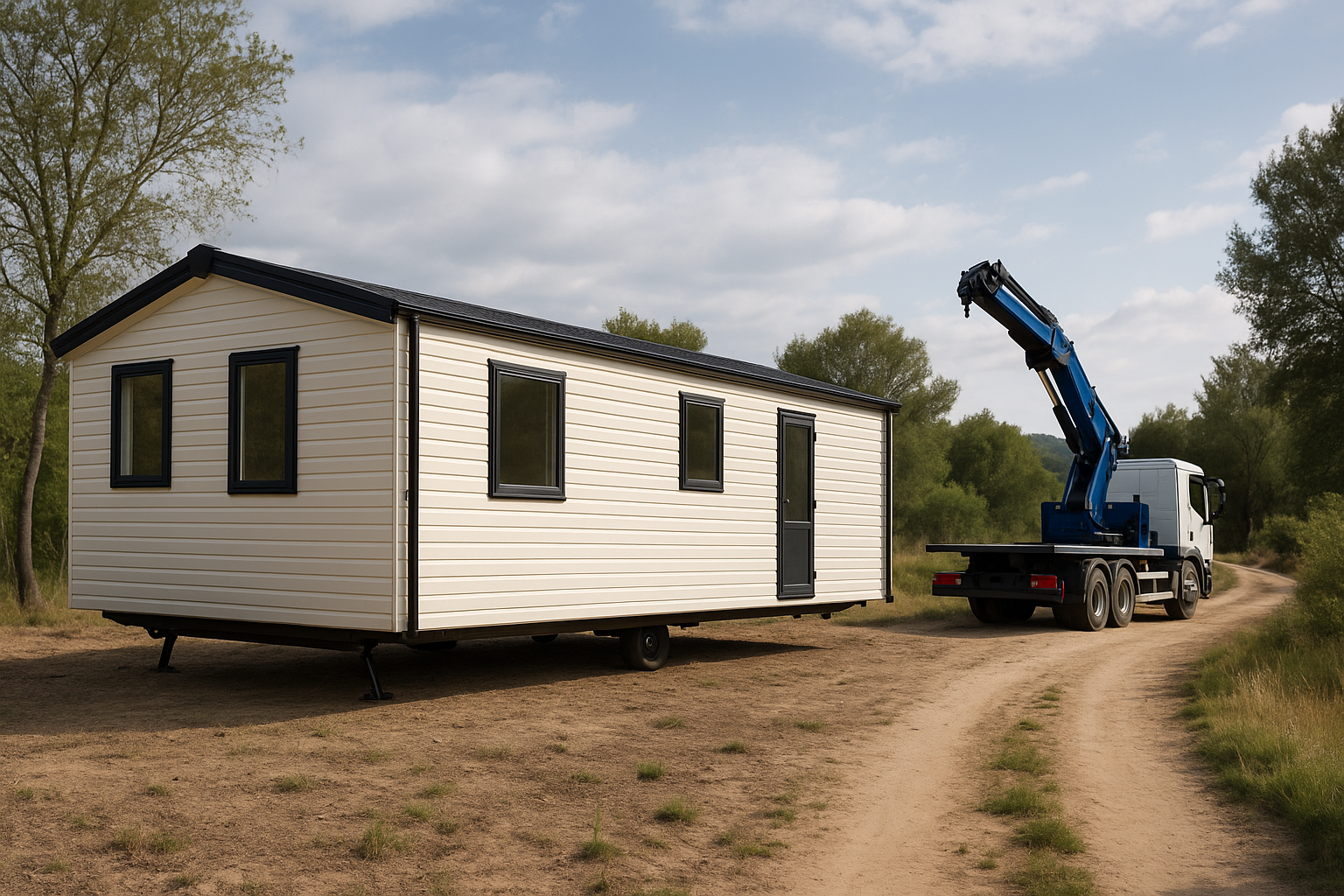Mobil home colocada legalmente en terreno rústico accesible mediante grúa profesional
