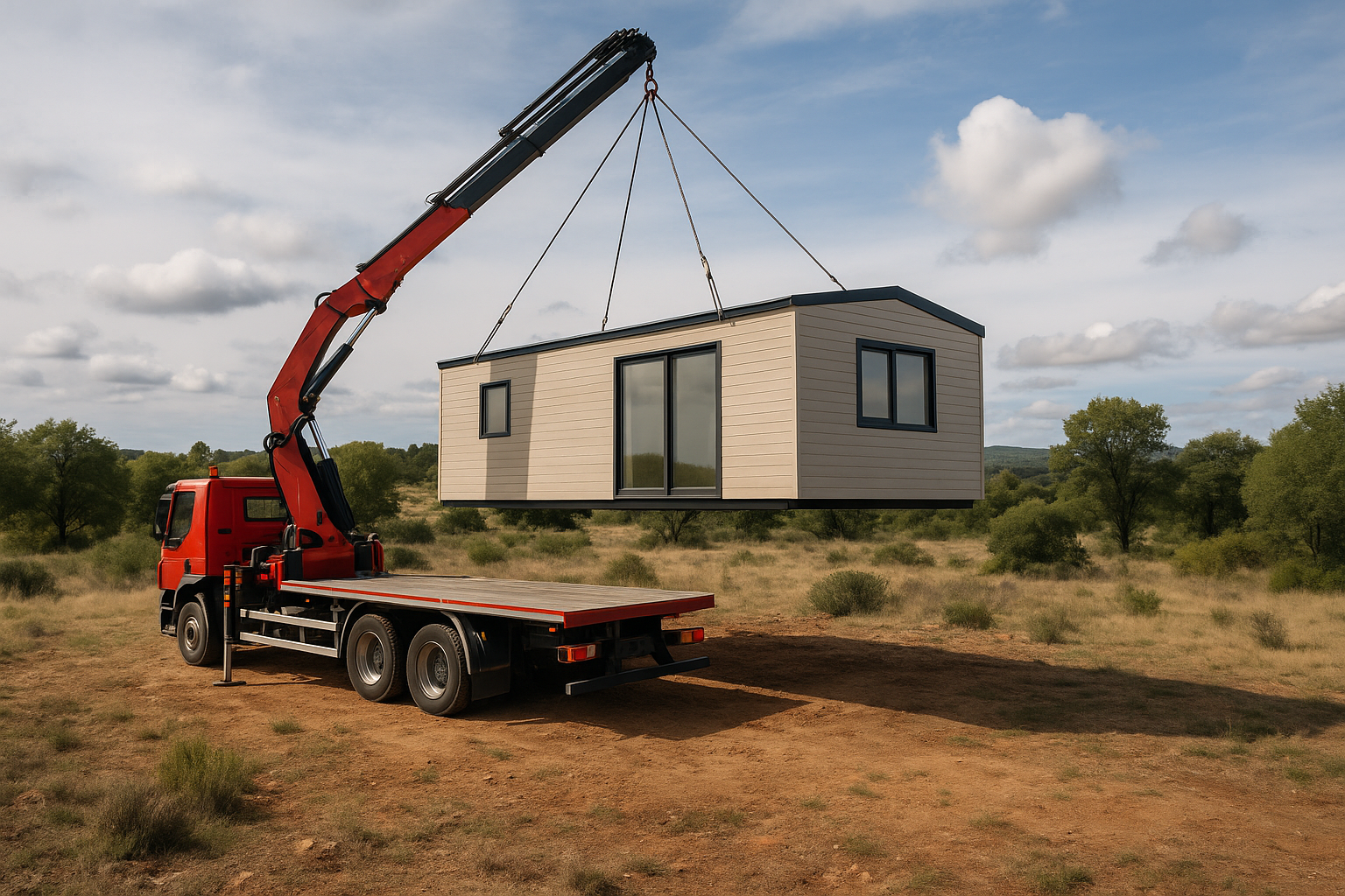 Camión grúa descargando casa prefabricada sobre terreno rústico legalmente permitido