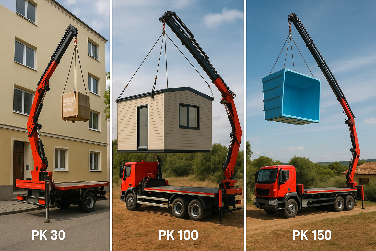 Camión grúa PK 30, 100 y 150 en maniobras reales de transporte