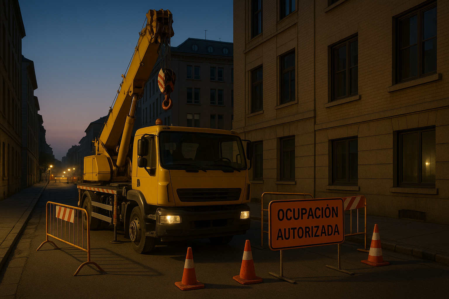 permiso ocupación vía pública grúa con señalización y camión