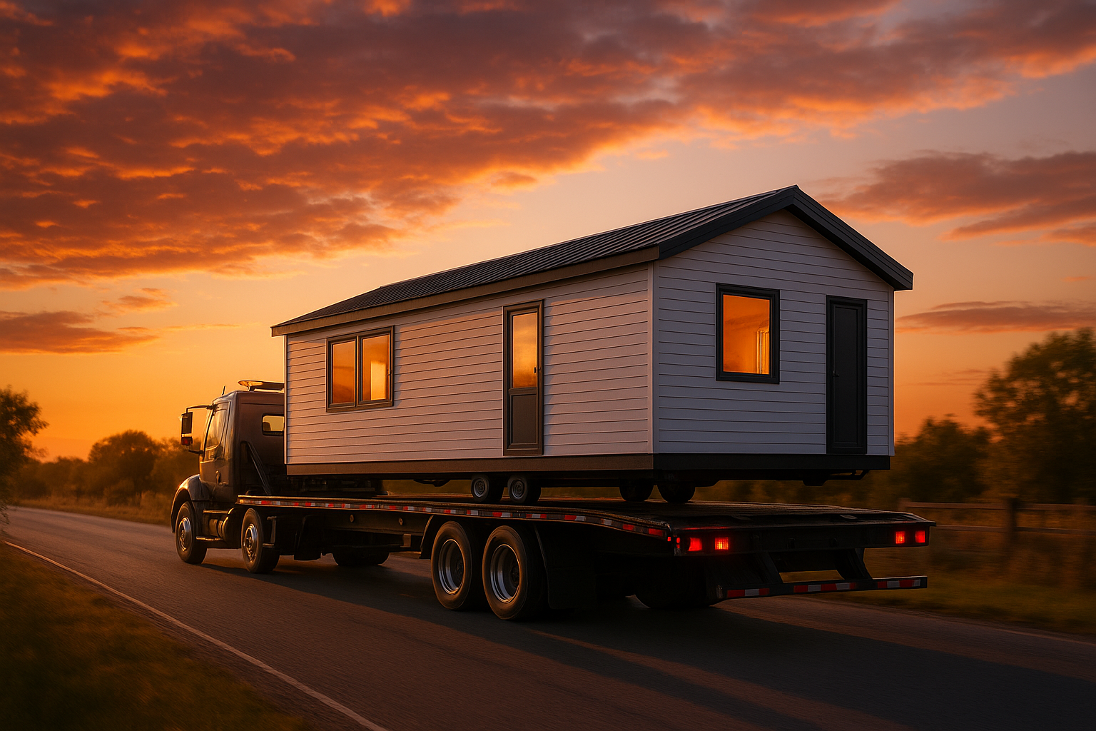 Calcular precio transporte mobil home: camión en trayecto al atardecer