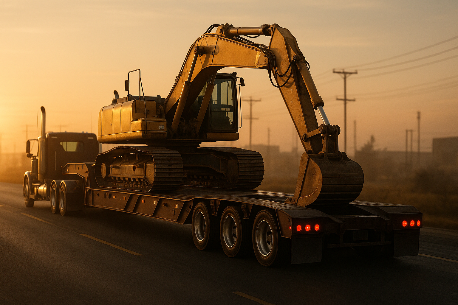 Transporte de maquinaria pesada profesional al amanecer con camión de plataforma baja