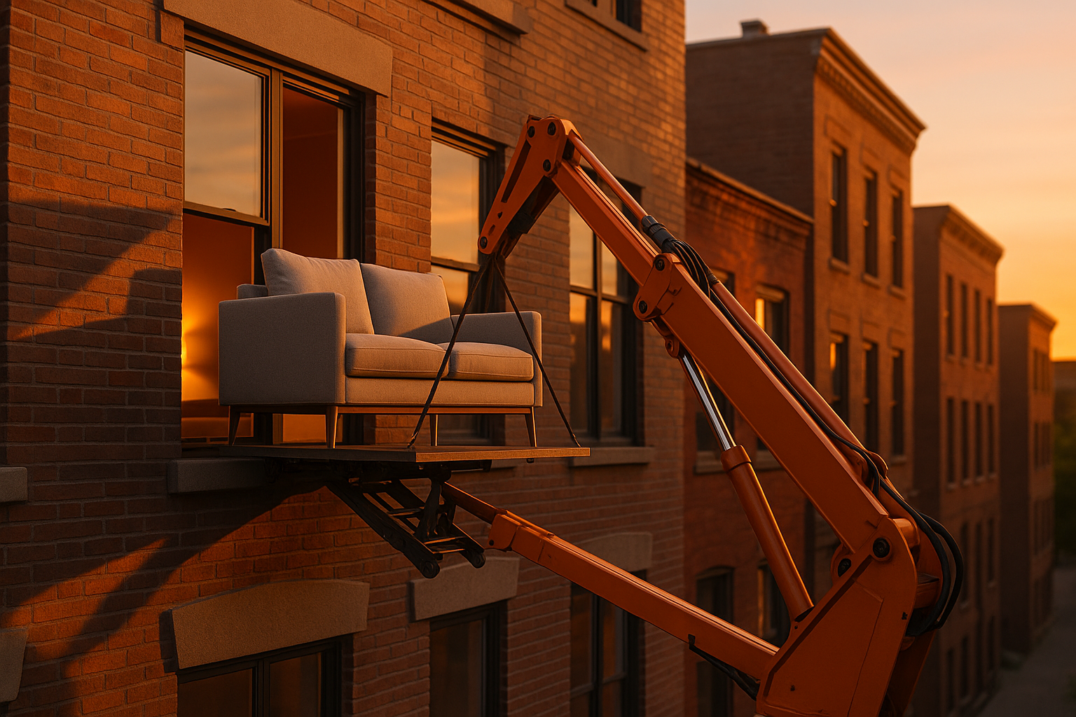Sofá subido por fachada con plataforma elevadora, vista urbana al atardecer