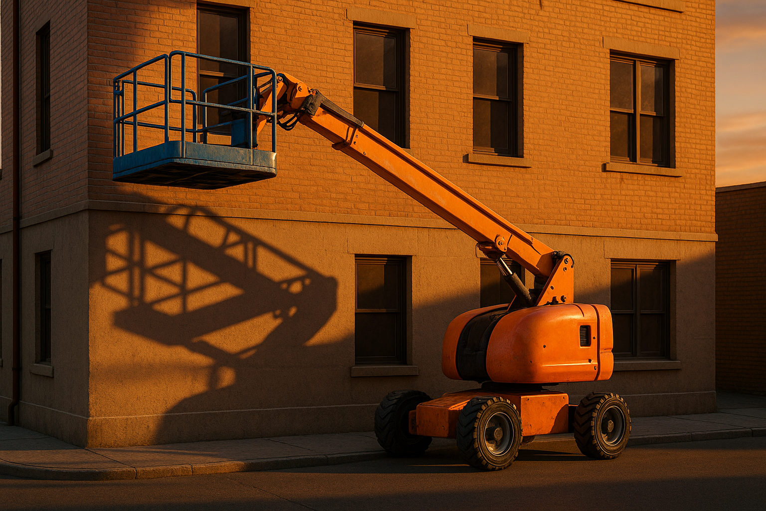 Alquiler plataformas elevadoras en Madrid: modelo articulado en uso al atardecer