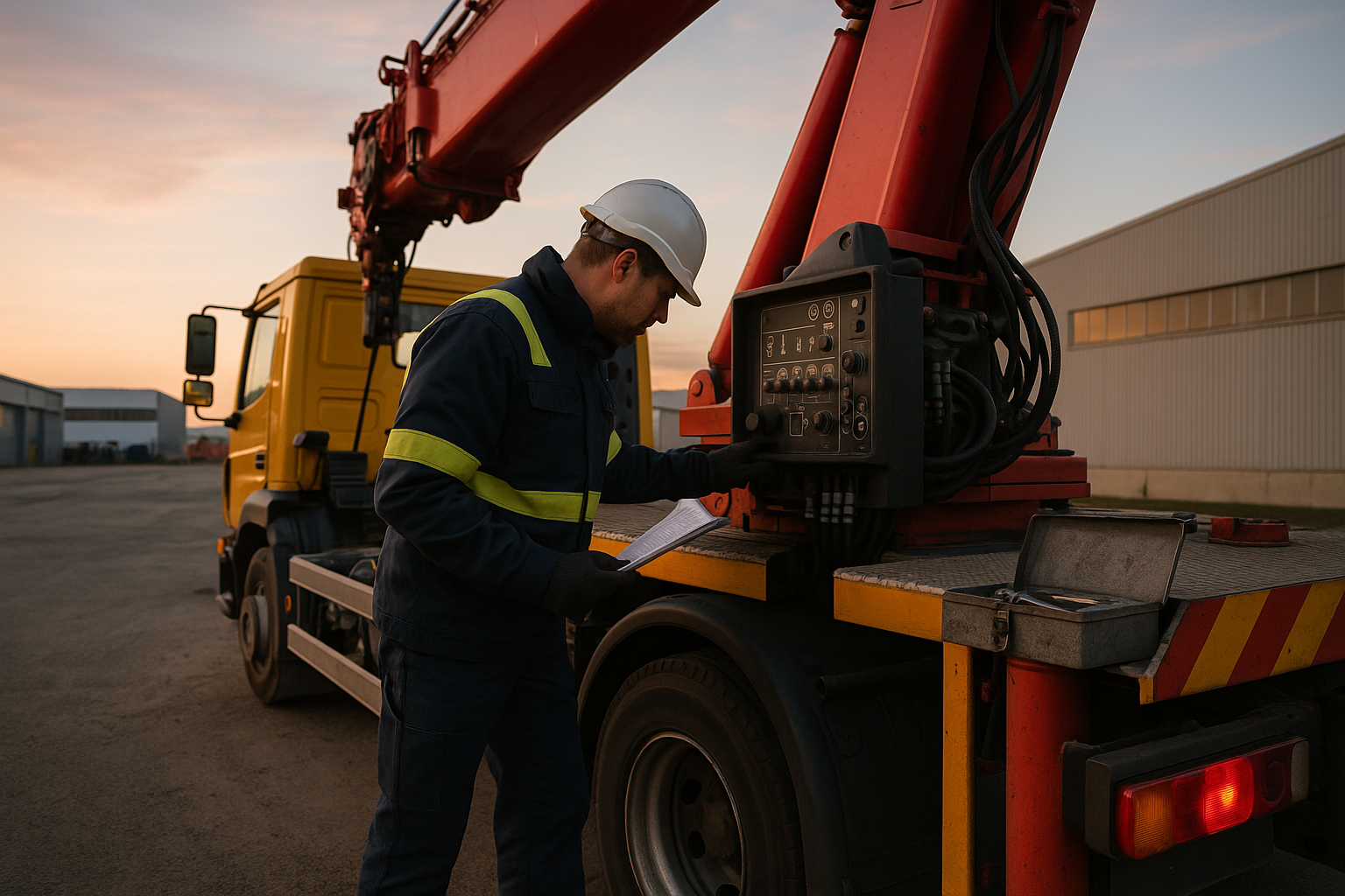 Operador de grúa profesional iniciando jornada con revisión técnica en parque logístico