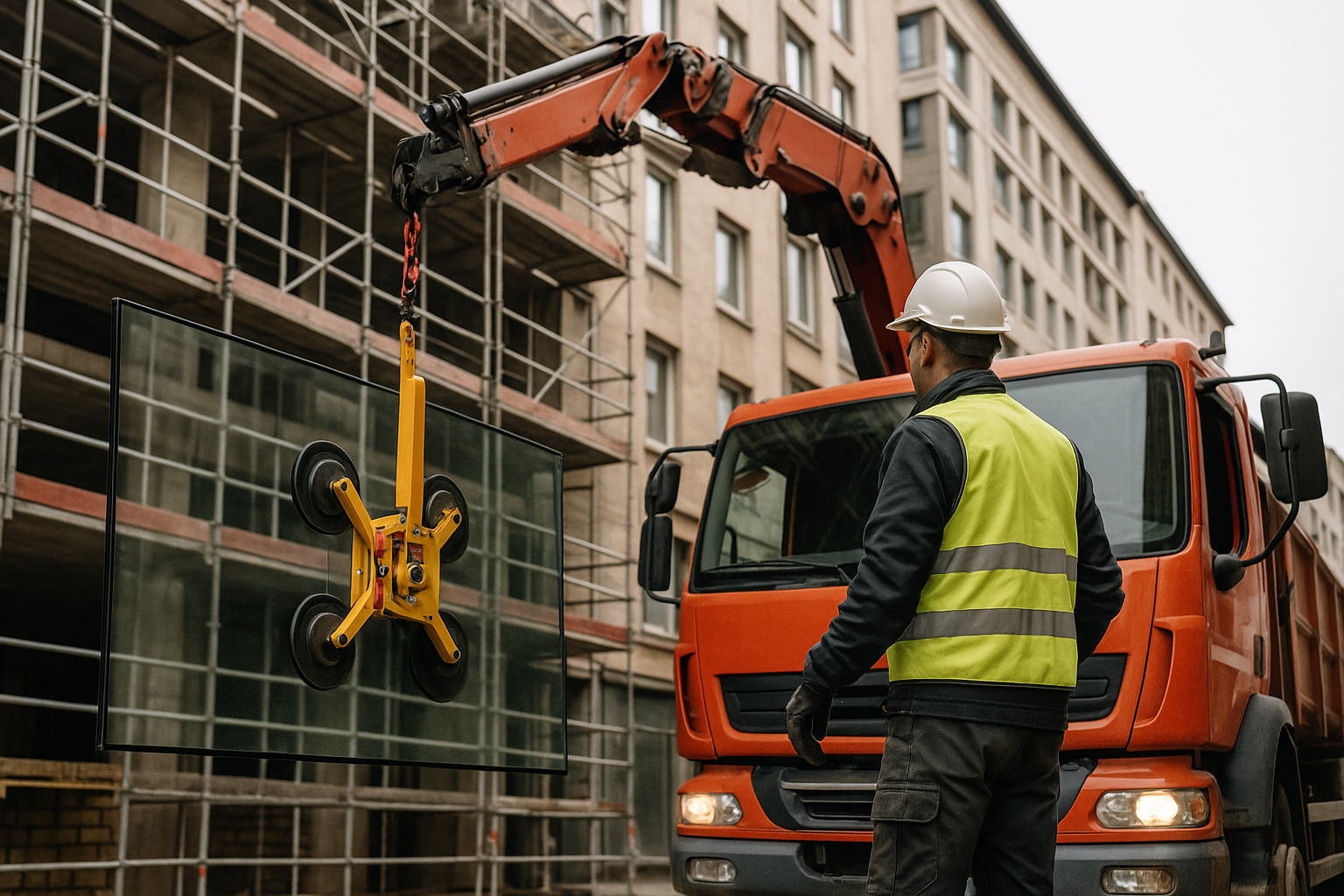 Camión grúa con sistema de ventosa instalando cristalera con precisión en obra técnica
