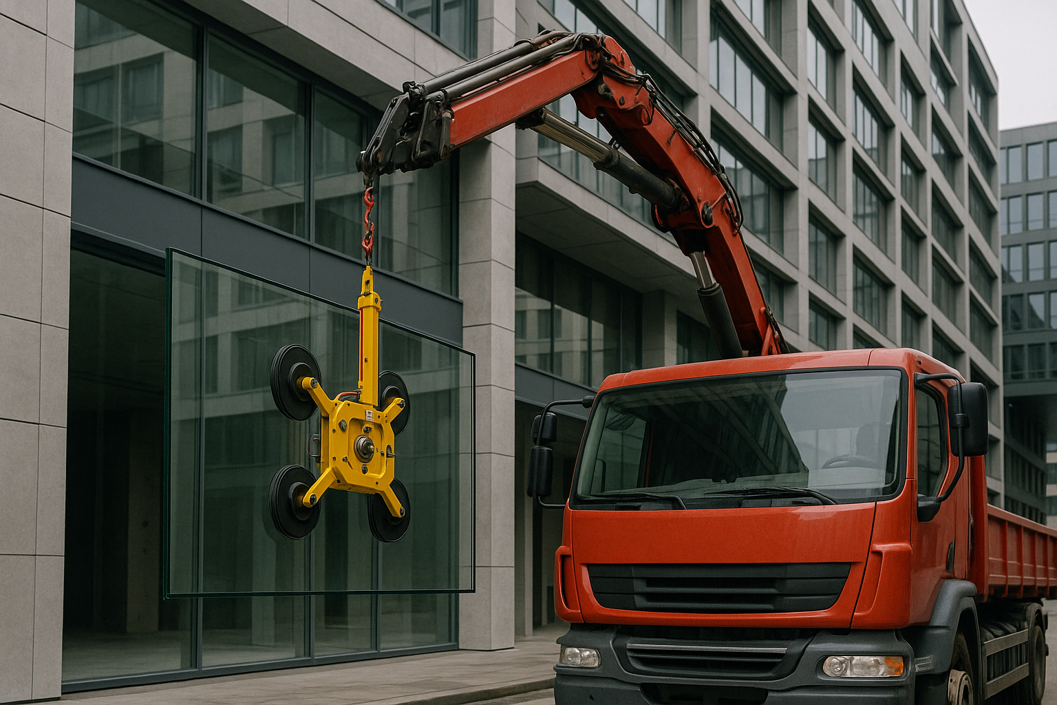 Camión grúa con sistema de ventosa instalando cristalera en obra urbana con alta precisión