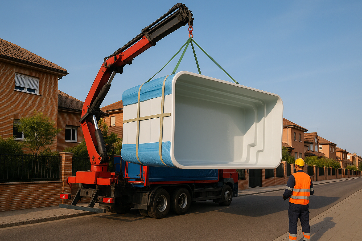 Transporte profesional de piscina de fibra con grúa en zona residencial de Madrid