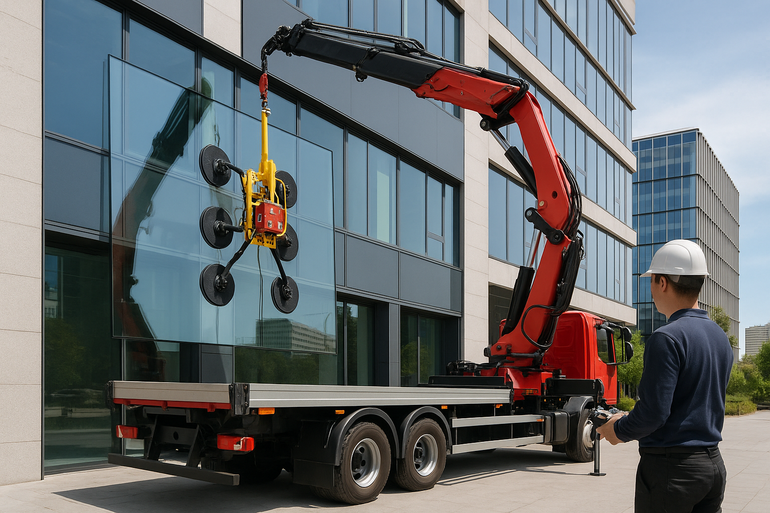 Instalación de vidrio con grúa y ventosas técnicas en fachada de edificio en Madrid