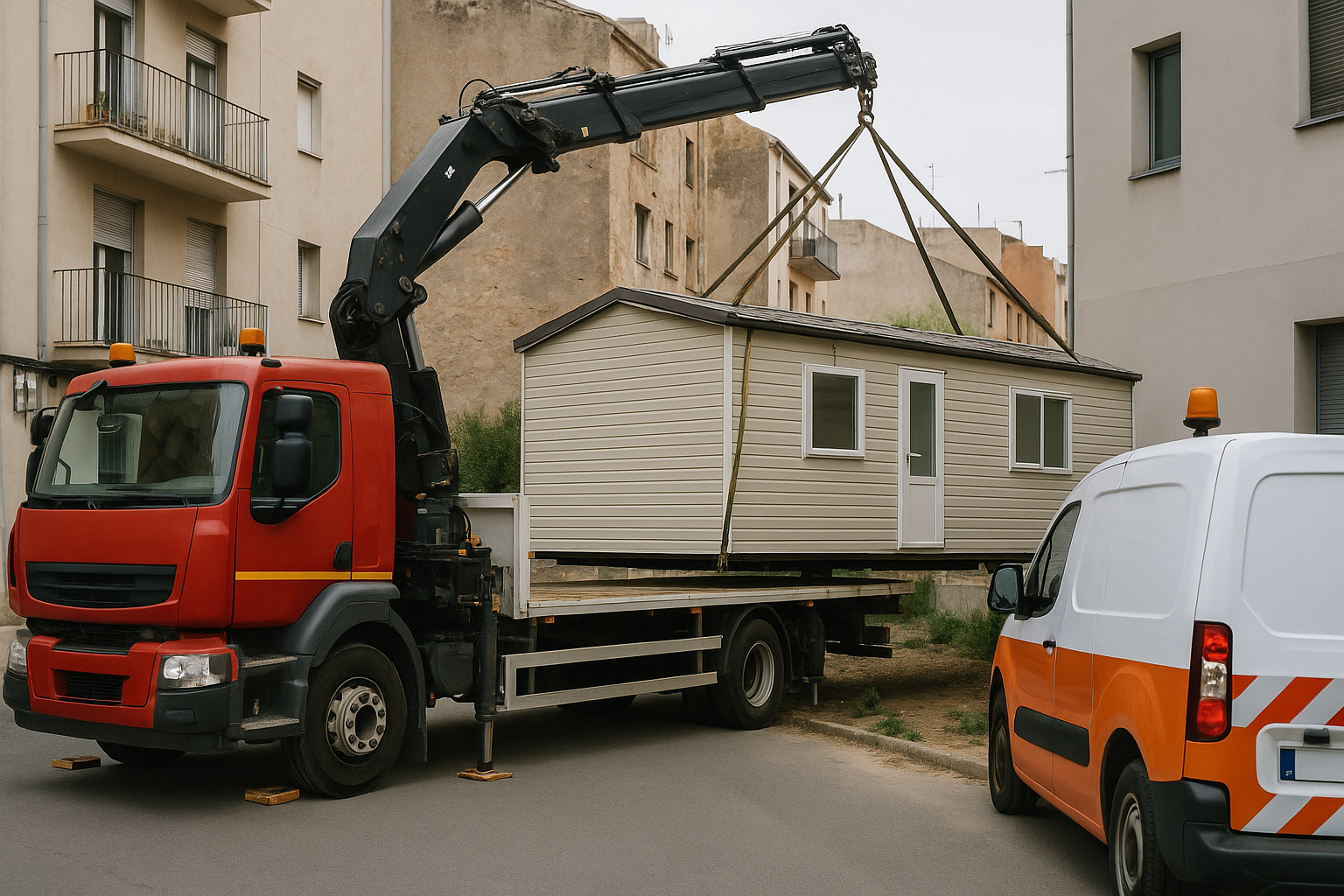 Transporte seguro de mobil home con camión grúa en entorno urbano complejo