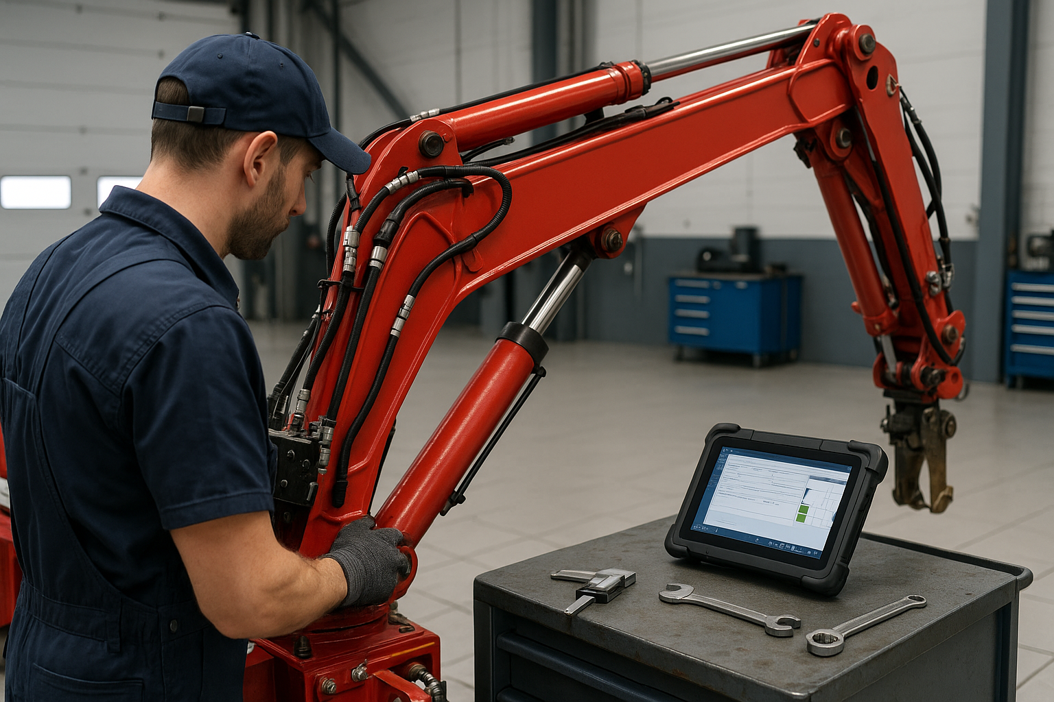 Mantenimiento técnico de camión grúa hidráulica en taller profesional antes de maniobra