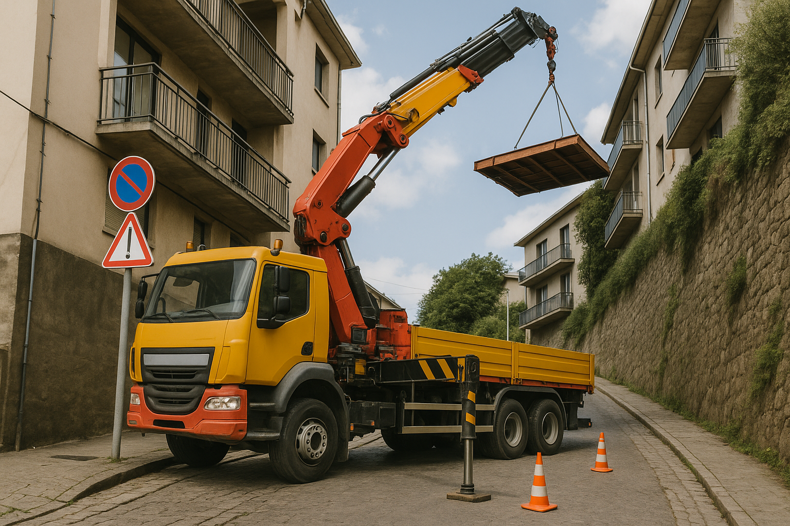 Camión grúa realizando maniobra de transporte en zona de difícil acceso en entorno urbano