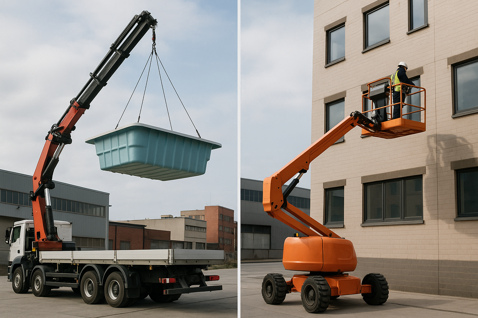 Diferencia visual entre camión grúa para carga pesada y plataforma elevadora para trabajos en altura